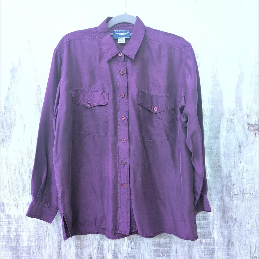VTG Best American Clothing 100% Silk Plum Long Sleeved Button Down Women's Large
